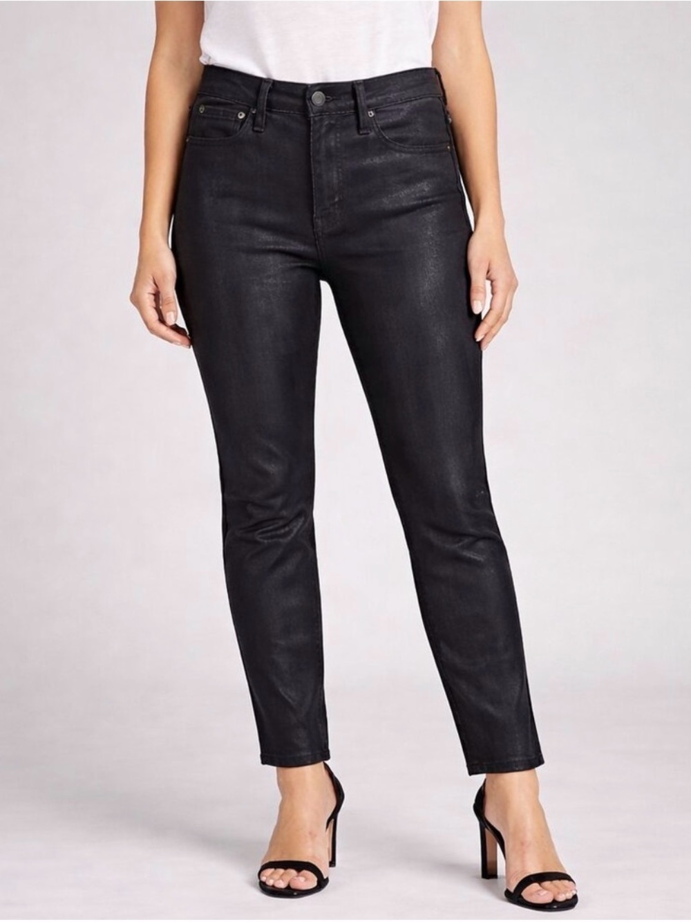 7 For All Mankind Coated High Waist Cropped Straight Black Jeans Matte Sheen, 32
